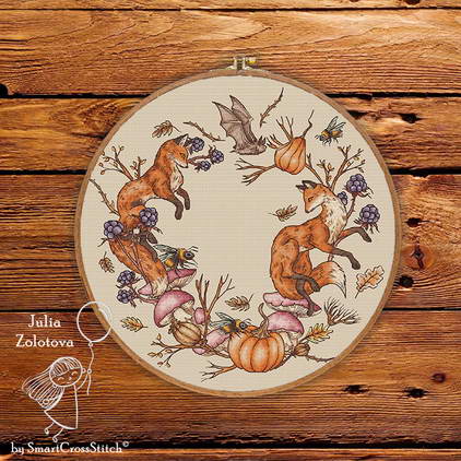 Autumn Wreath cross stitch Foxes pattern