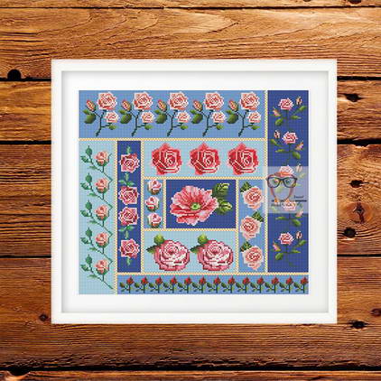 Vintage Roses Ornament cross stitch pattern - flower embroidery design