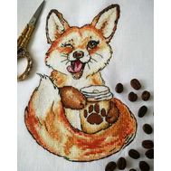Fox with coffee cross stitch design