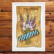 Stamp Card with lavender cross stitch pattern