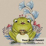 Frog with tea cross stitch pattern