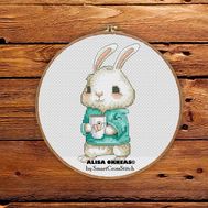 Cute Bunny with Coffee cross stitch pattern
