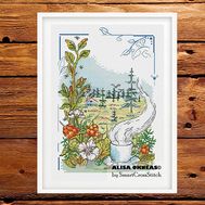 Rural landscape with Cloudberry cross stitch pattern