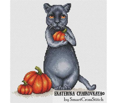 Panther with pumpkins cross stitch chart