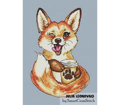 Fox with coffee cross stitch pattern