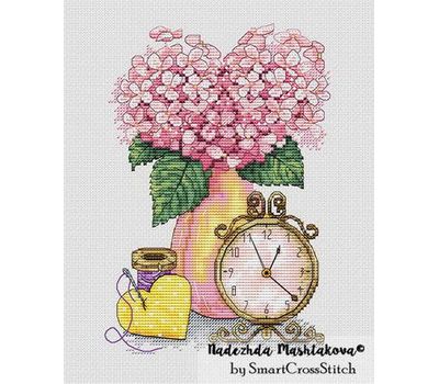 Hydrangea and alarm clock cross stitch chart