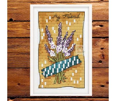 Stamp Card with lavender cross stitch pattern