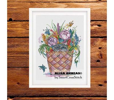 Cat in the floral basket cross stitch pattern