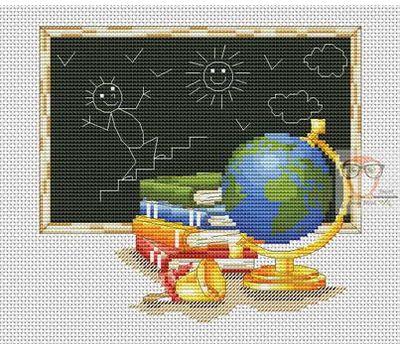 Blackboard, globe and books FREE cross stitch pattern