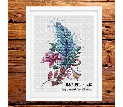 Feather, Flowers and Key cross stitch pattern