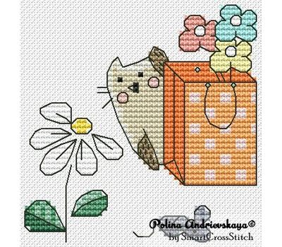 Cat with Daisy cross stitch design