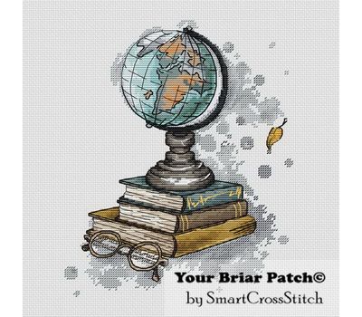 Globe and books cross stitch