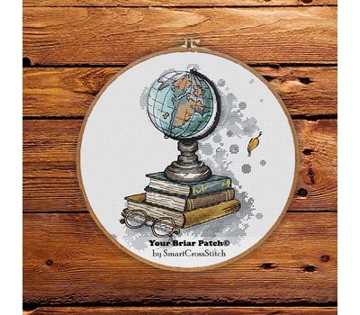 Globe and books cross stitch pattern