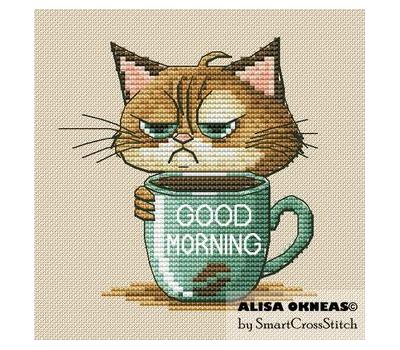Good Morning Cat with Coffee cross stitch