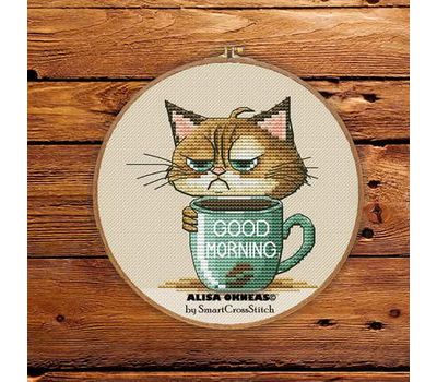 Good Morning Cat with Coffee cross stitch pattern