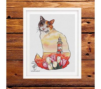 Spring Cat with Tulips Cross stitch pattern