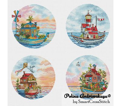 Boat Houses cross stitch - set of 4 patterns