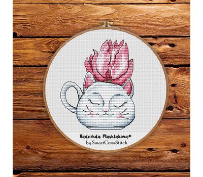 Spring Cat Cup cross stitch pattern