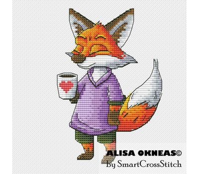 Fox with Coffee Cup cross stitch pattern