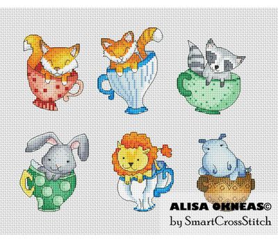 Animals in tea Cups cross stitch