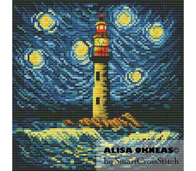 Night Lighthouse  - Van Gogh style cross stitch
