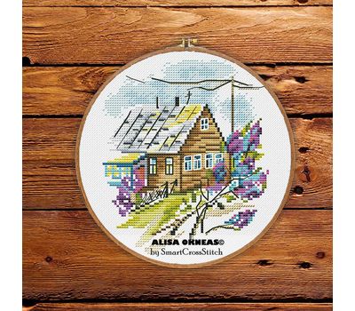 Village House and Lilac cross stitch pattern