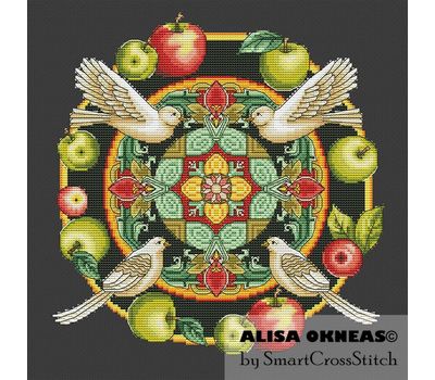 Apples and birds mandala cross stitch chart