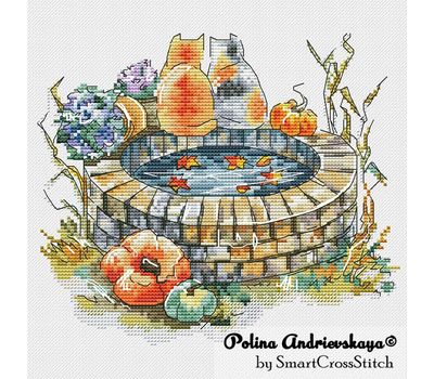 Autumn Well and Cats cross stitch pattern