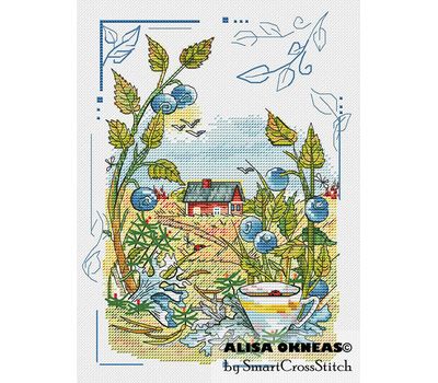 Rural landscape with Blueberries cross stitch
