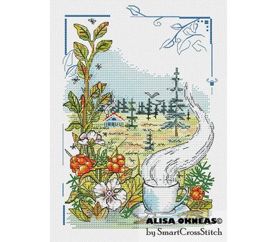 Rural landscape with Cloudberry cross stitch