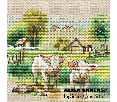 Rural landscape with Pig cross stitch pattern