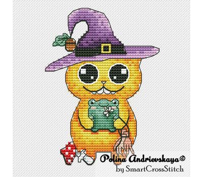 Pumpkin Cat with Frog cross stitch pattern