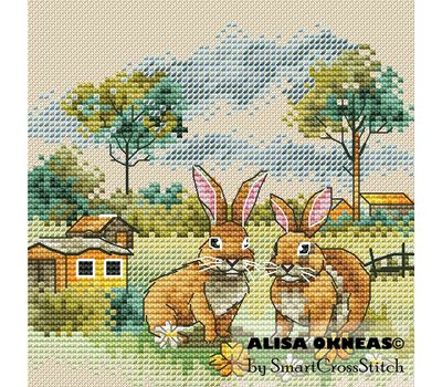 Rural landscape with Rabbits cross stitch pattern