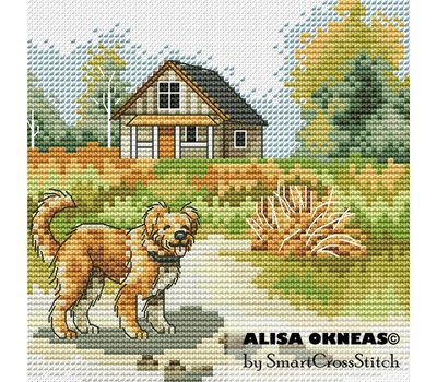 Rural landscape with Dog cross stitch pattern