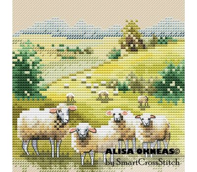 Rural landscape with Sheep cross stitch pattern