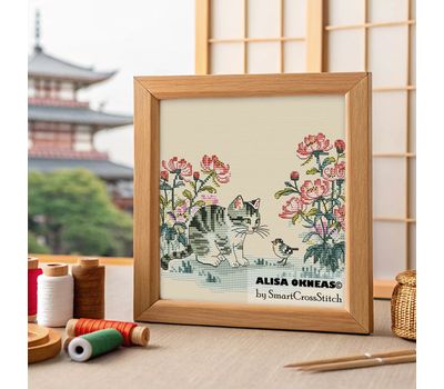 Cat and Peonies cross stitch pattern