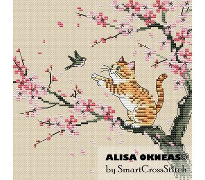 Cat and sakura cross stitch