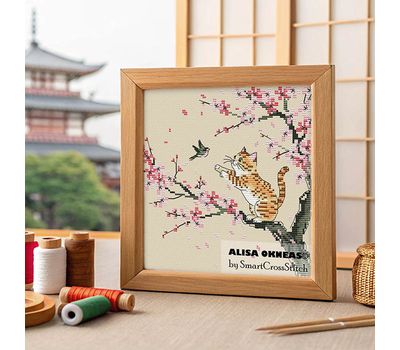 Cat and sakura cross stitch pattern