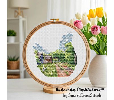 Hen Rural Landscape cross stitch pattern