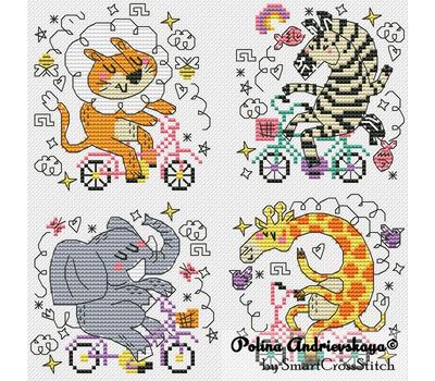 Animals on bicycles cross stitch