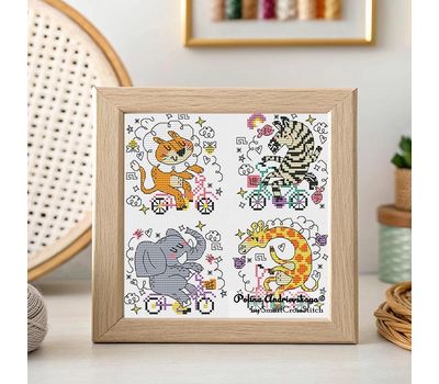 Animals on bicycles cross stitch pattern