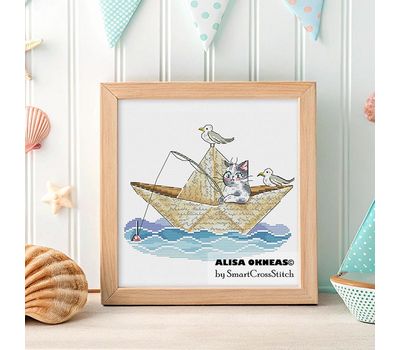 Fisherman Cat cross stitch pattern