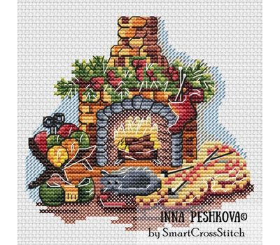 Knitting by the Fireplace cross stitch