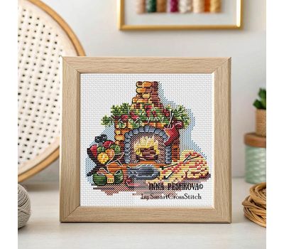 Knitting by the Fireplace cross stitch pattern