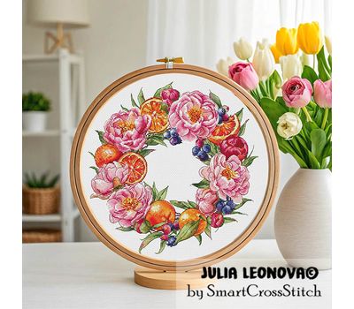 Citrus and Peonies Wreath cross stitch pattern