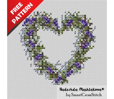 Lavender Heart Wreath Free cross stitch pattern