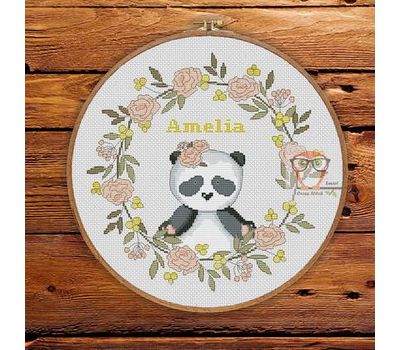 Baby Cross stitch pattern Girl Name Panda Round Sampler