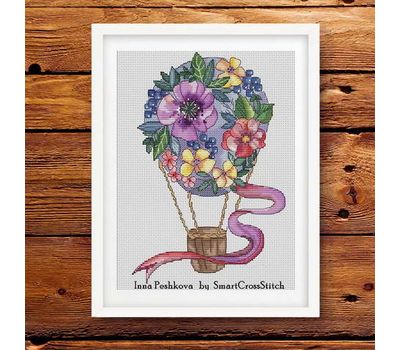 Floral Cross Stitch pattern Air Balloon of Flowers