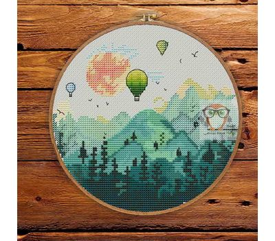 {en:Round cross stitch pattern Hot Air Balloon in the Mountains;}