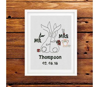 Wedding sampler cross stitch pattern Mr and Mrs bunnies